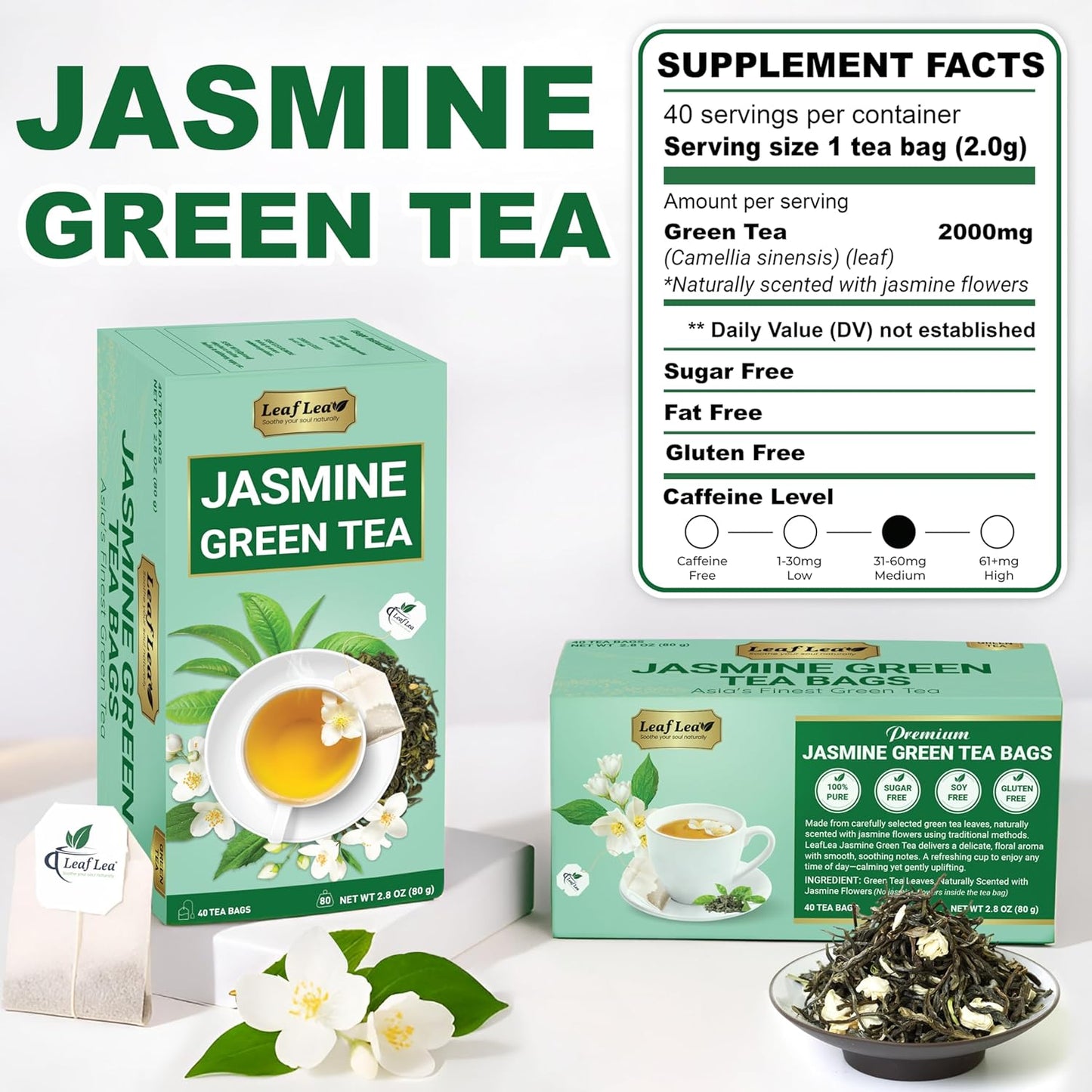 LeafLea 40 Jasmine Green Tea Bags, Premium Green Tea Scented with Jasmine Flowers for Gentle Support & Light Alertness, Floral Smoothness, Caffeinated, Sugar-Free, Non-GMO, Vegan, Individually Wrapped