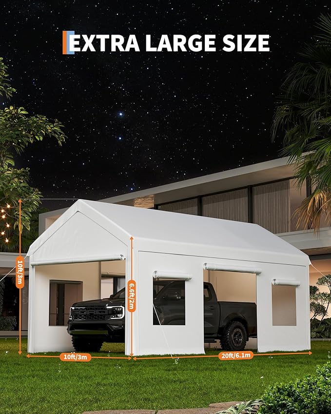 10 X 20FT Heavy Duty Carport, Portable Garage with Roll-Up Windows,Removable Sidewalls & Doors, Outdoor Tent Garage for Car,Truck,Boat