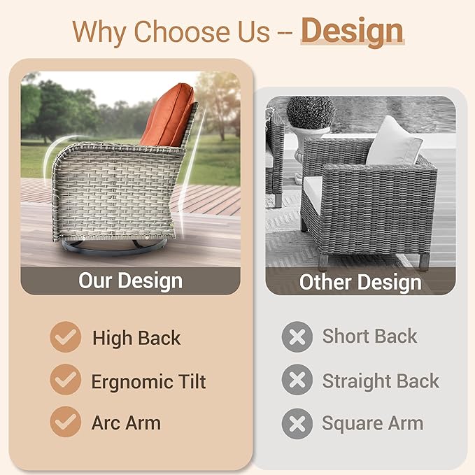 HOOOWOOO Outdoor Patio Bistro Set,3 Pieces Wicker Out Door Swivel Rocking Chair with Matching Side Table,Patio Furniture Sets,Orange Red