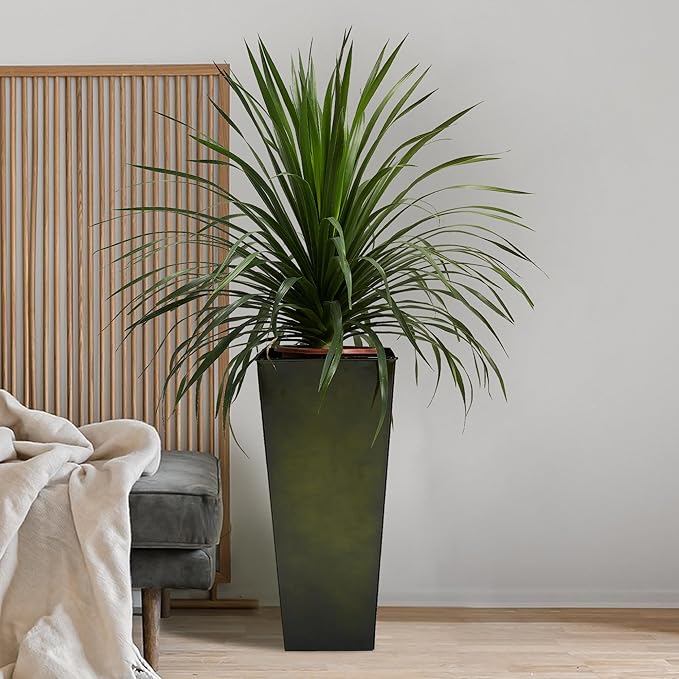 Worth Garden 25" Large Metal Glazed Planter Set of 2, Luxurious Glossy Finish Green Tall Square Tapered Steel Plant Pots, Decor Flower Pot Indoor & Outdoor, Drainage Hole & Dual-Purpose Plant Saucer