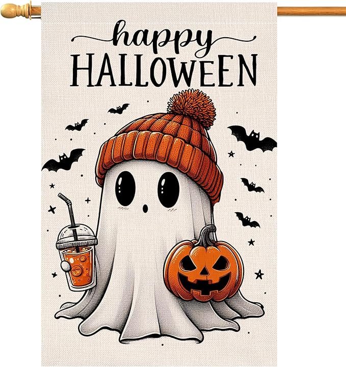 BLKWHT Halloween Ghost House Flag 28x40 Vertical Double Sided Black Bat Happy Fall Holiday Outside Decorations Burlap Yard Flag BW836-40