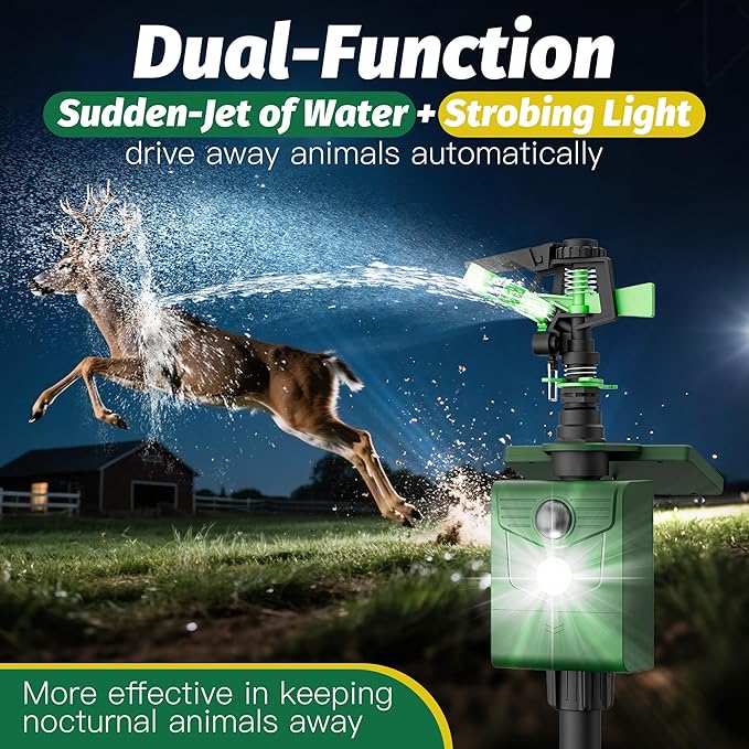 Motion Activated Animal Repeller with Water Sprinkler and Flashing Light, Solar Powerd Deer Cat Repellent Outdoor Deer Deterrent - Keep Rabbits Shunks Dog Raccoons Birds Away from Lawn and Garden