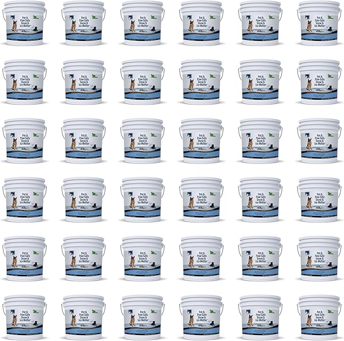 JUST FOR PETS Snow & Ice Melter Safe for Pets & Paws Contains No Toxic Chlorides or Painful to The Paw Rock Salt, Safe for Dogs & Cats. Fast Acting, Works On Contact 36 x 35lbs Buckets Pallet