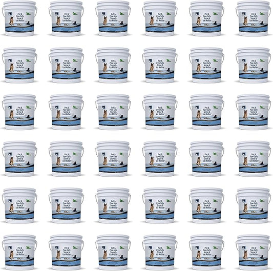 JUST FOR PETS Snow & Ice Melter Safe for Pets & Paws Contains No Toxic Chlorides or Painful to The Paw Rock Salt, Safe for Dogs & Cats. Fast Acting, Works On Contact 36 x 35lbs Buckets Pallet