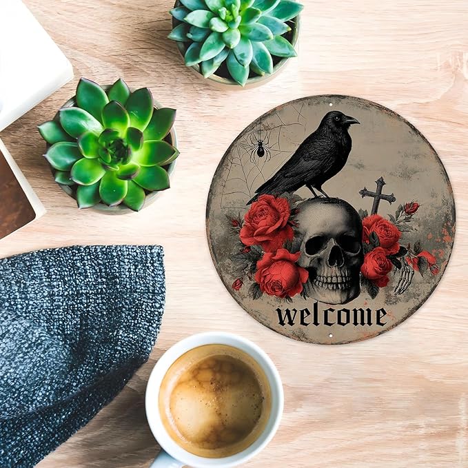 PEACHGARDEN Halloween Skull Crow Metal Tin Sign Vintage Gothic Skeleton Decor Spooky Welcome Door Plaque Retro Wall Art Iron Painting for Home Bar Pub 8x8inch