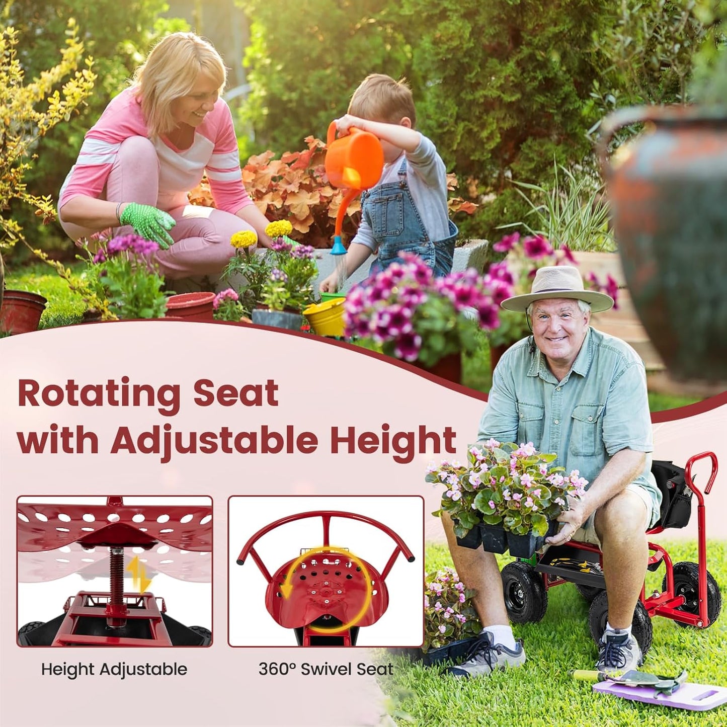 Goplus Garden Seat with Wheels, Rolling Gardening Stool with Adjustable 360° Swivel Seat, Tool Tray & Storage Basket, Extendable Handle, Outdoor Gardening Scooter, Garden Cart Workseat for Seniors