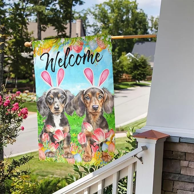 Dachshund Dog Bunny Cute Flower Happy Easter Garden Flag Welcome Party Outdoor Outside Decorations Picks Home House Garden Yard Decor 12x18 Inch