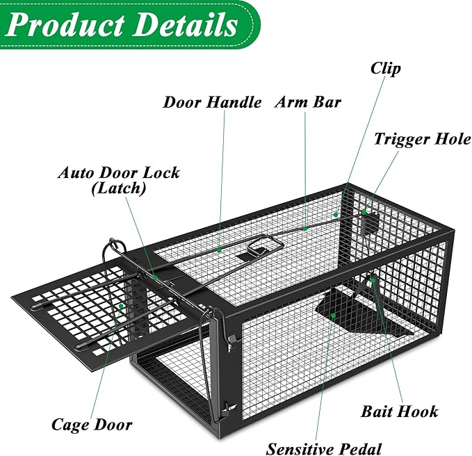 2 Packs Humane Rat Trap Outdoor Mouse Traps Indoor Use, Rodent Chipmunk Traps for Small Live Animal Catch and Release - Black