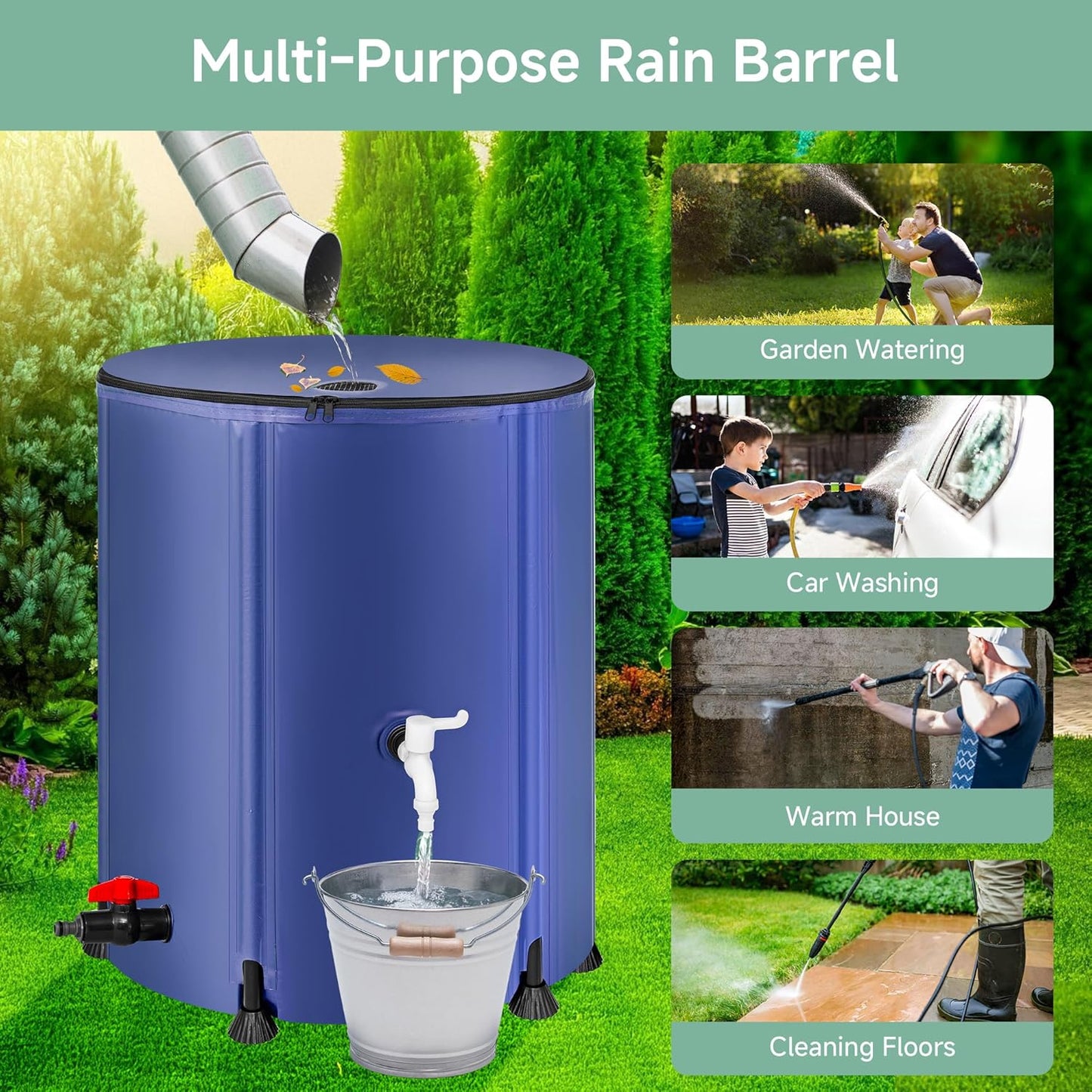 Collapsible Rain Barrel Water Storage Containers-53 Gallon Portable Rainwater Collect System Water Tank to Collect Rainwater from Gutter Downspout Water Catcher with Spigots,Filter＆Overflow Kits