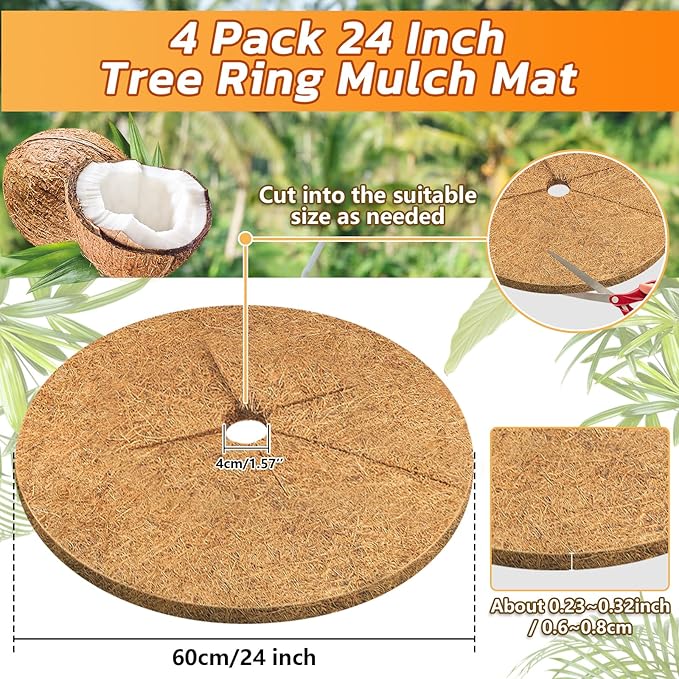 Legigo 4pcs Coconut Fiber Mulch Ring Tree Plant Protector Mat, 24 Inch Natural Coco Coir Tree Protection Ring Plant Pot Soil Cover, Tree Rings Disc Plant Cover for Indoor Outdoor Plants,Landscaping