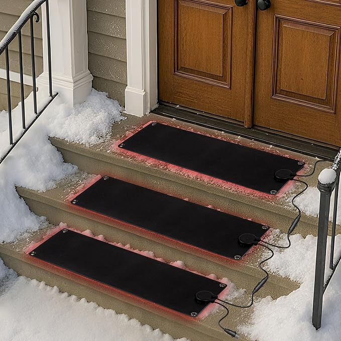 Walensee Snow Melting Mats Outdoor for Stairs, 10" x 30" 3-Pack Graphene Heated Outdoor Mats with Plug, No-Slip Rubber Snow Heating Mats, Ice Melts Pads Winter Sidewalks, Steps, Decks Snow Removal