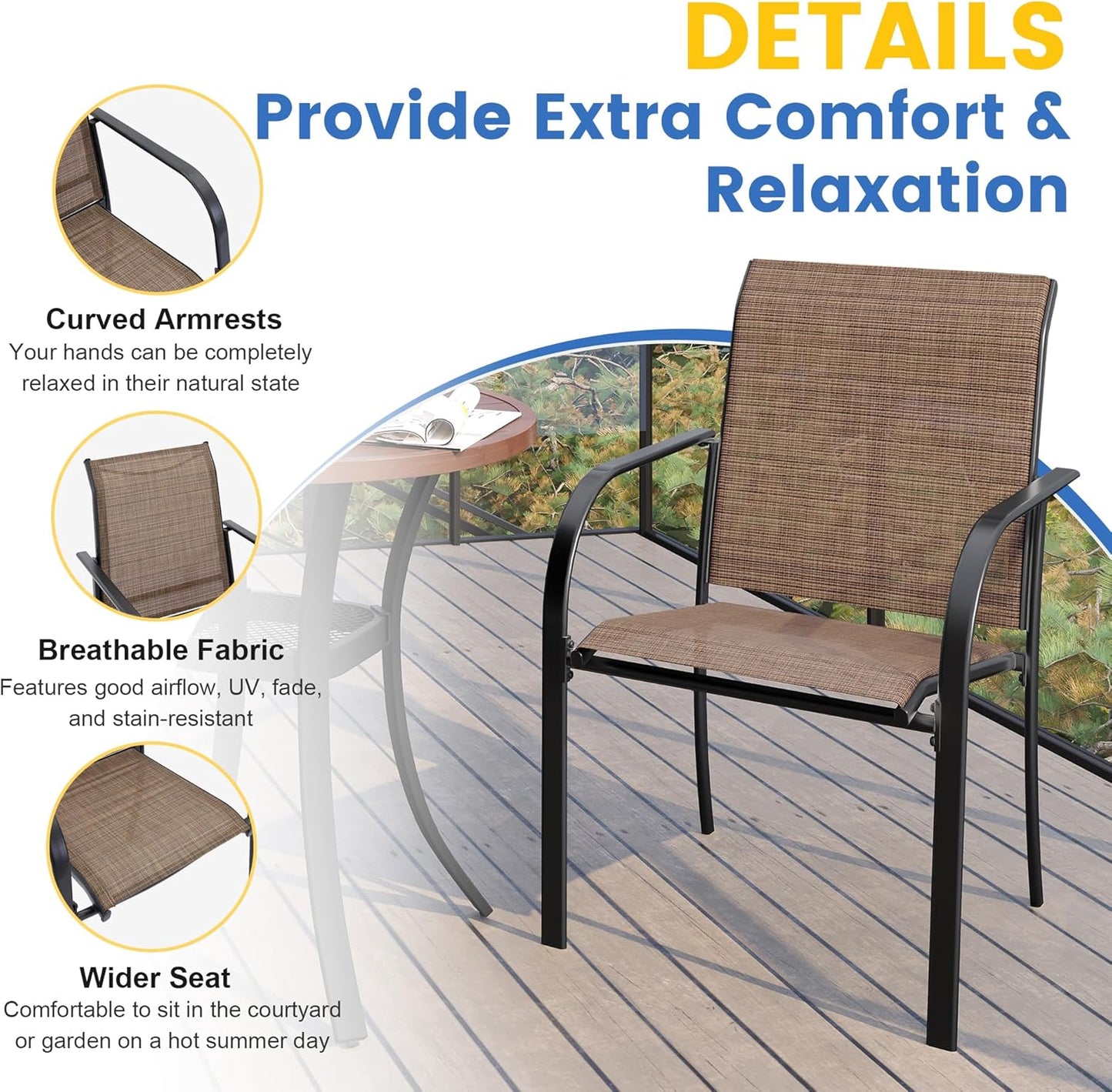 VICLLAX Patio Dining Set for 6, Outdoor Furniture Set Includes 59" Rectangle Patio Table and 6 Patio Sling Chairs, Outdoor Table and Chairs for Outsides, Black Tabletop and Brown Fabric