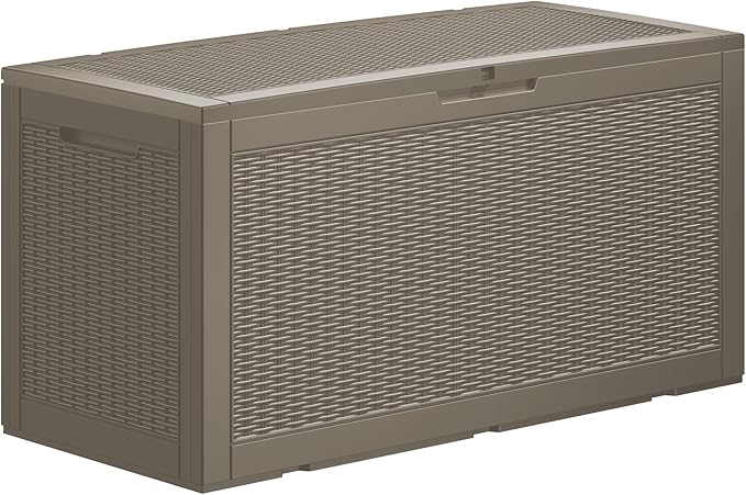 100GAL Brown Wicker - Textured Outdoor Deck Box with Lock - Waterproof, SGS - Approved UV Resistance, Aesthetic Storage for Patio Cushions and Decor, Quick and Easy to Set Up