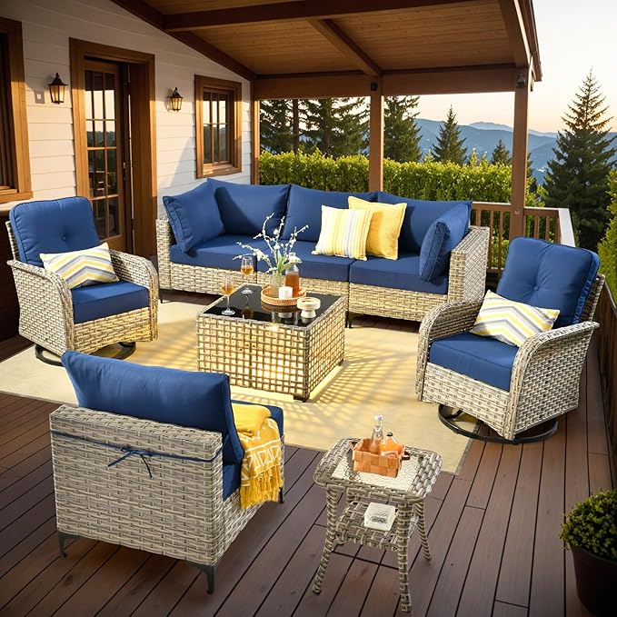 Outdoor Sectional Patio Furniture Set with Swivel Rocking Chairs and Glowing Table,8 Pieces Wicker Conversation Sets L Shaped Couch Out Door Sofa Outside Furniture for Garden Deck Yard Porch,Navy Blue