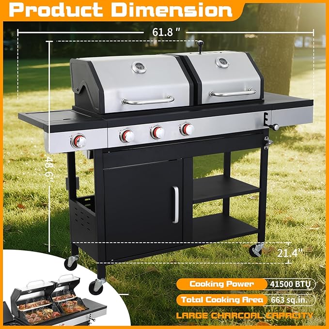 CIG GARDEN 3 Burner Propane Gas and Charcoal Grill Combo with Side Burner,Dual Fuel BBQ Grill with Cast Iron Griddle,41,500 BTU Output Perfect for Outdoor Cooking, Balcony, Backyard,Camping