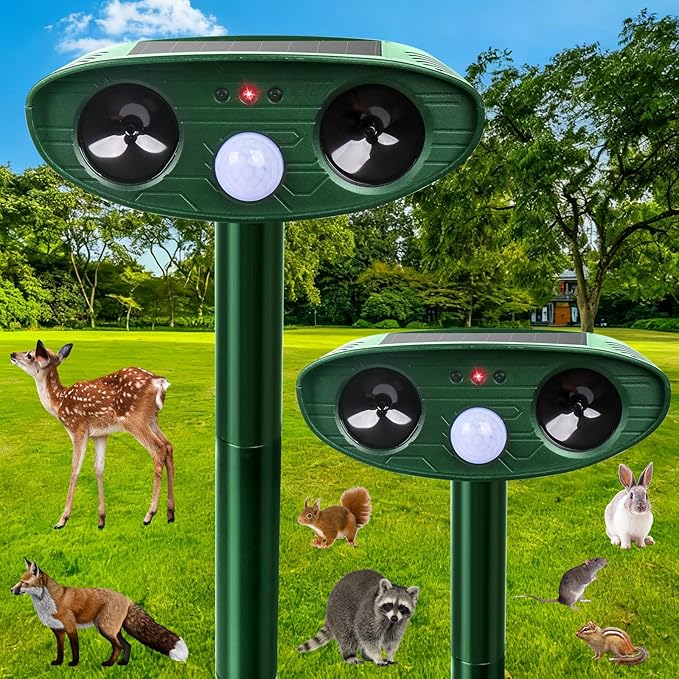 2 Pack 2025 Upgraded Solar Ultrasonic Animal Repellent Outdoor Deer Repellent Devices Motion Detection Waterproof Cat Squirrel Mouse Raccoon Dog Repellent Deterrent with Flash Lights for Yard Farm (2)