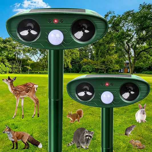 2 Pack 2025 Upgraded Solar Ultrasonic Animal Repellent Outdoor Deer Repellent Devices Motion Detection Waterproof Cat Squirrel Mouse Raccoon Dog Repellent Deterrent with Flash Lights for Yard Farm (2)
