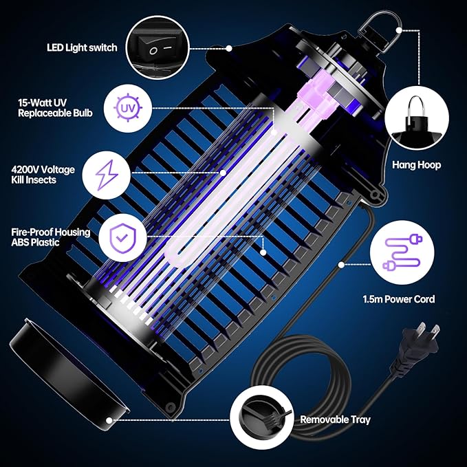 Bug Zapper Indoor, Electric Mosquito Fly Zapper Effective 4000V Plug in Insect Zapper Flies Traps 6.5 FT for Home Patio Office Courtyard