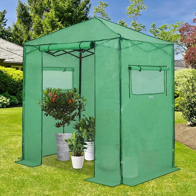 EAGLE PEAK Instant Pop-up Greenhouse, Indoor Outdoor Plant Gardening Green House, Roll-Up Zipper Doors and Side Windows, Walk in 6x4 ft, PE Cover, Green/Clear