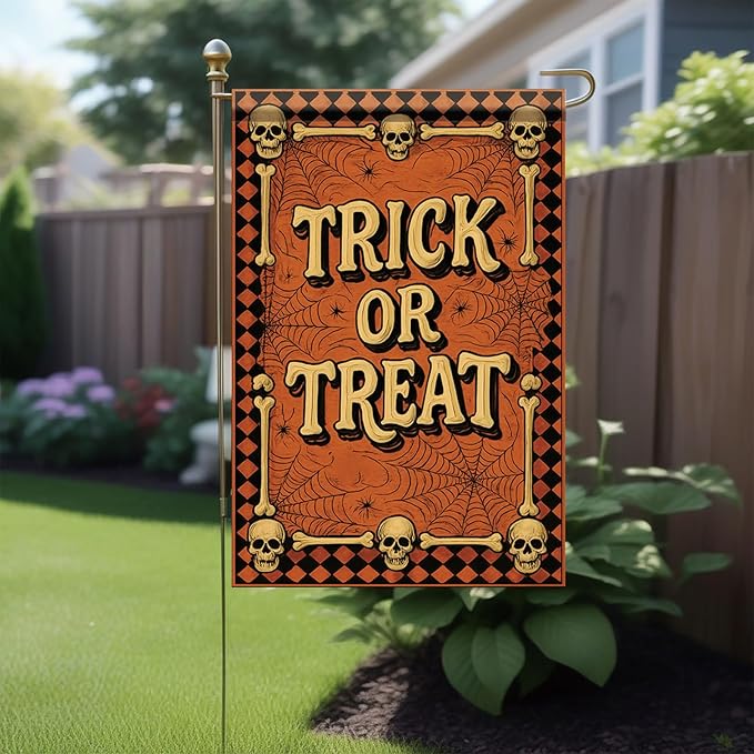 Halloween Garden Flag Trick or Treat Skulls Spider Webs Flag 12x18 Inch Double Sided Outdoor Yard Banner for Halloween Haunted House Spooky Trick or Treat Decoration Decor