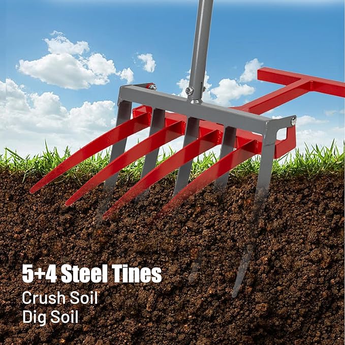 2IN1 Broad Fork Tool, Manual Hand Cultivator Tiller, Garden Twist with 5+4 Steel Tines, Pitchfork Tool for Farm Loosening, Garden Lawn, Regularly Digging, Crushing Soil