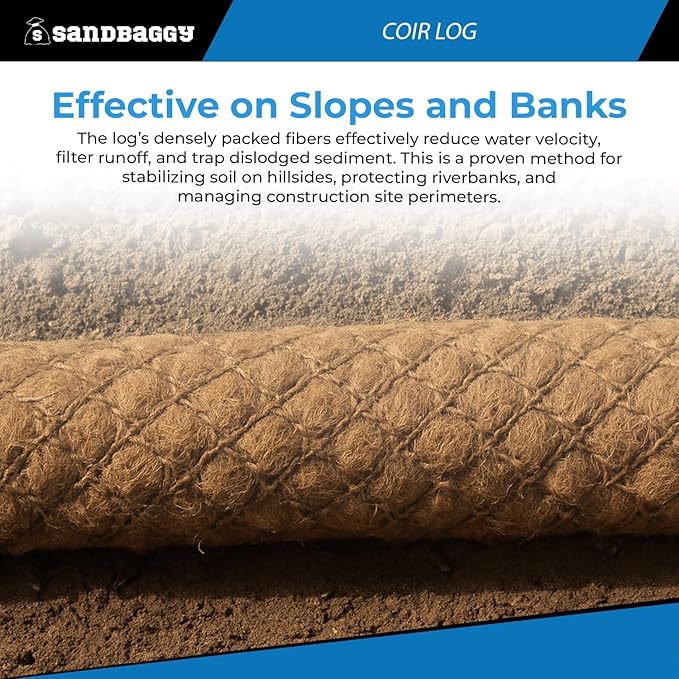 Sandbaggy Coir Fiber Log – 16" Diameter | 100% Biodegradable Erosion Control - Coconut Fiber - Slope Erosion (16" x 5 ft, 10, Count)