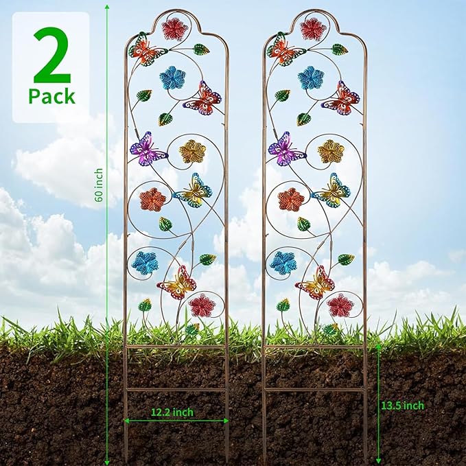 2-Pack Metal-Garden-Trellis Plant-Support-Trellises Outdoor-Decoration Arched-Fence-Trellis - for Climbing Plants Patio Lawn Yard Backyard Wall Brackets 60'' H x 12'' W Colorful Butterfly