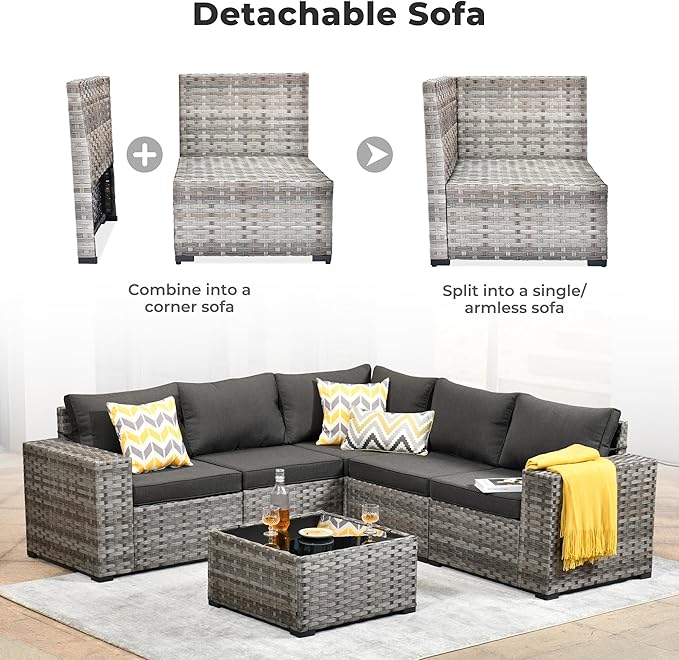 ovios 6 Pieces Patio Furniture Set, Outdoor Wicker Sectional Sofa with Glass Table Comfy Cushions, Modern Modular Deep Seat Couch Rattan Conversation Set, Black