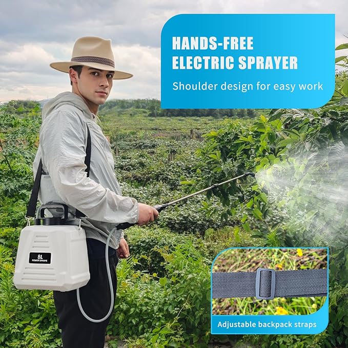 2 Gallon Battery Powered Sprayer, Electric Garden Sprayer, Pump Sprayer with 3 Mist Nozzles & USB Rechargeable Handle & Retractable Wand & Adjustable Strap for Lawn, Garden, Yard (White)