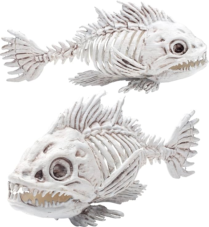 SCS Direct Piranha Fish Skeleton Halloween Decoration (2 Pack) 10" Long - Weather Resistant for Indoor/Outdoor - Upgrade Your Fall Graveyard Haunted House Party Props, Trick-or-Treat Decor