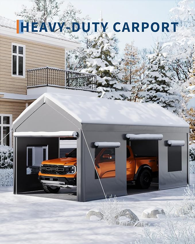 Garvee 10x20 Carport Canopy, Heavy Duty Car Port with Waterproof Tarp, Roll-Up Windows & Doors, Outdoor Portable Garage with Removable Sidewalls, for Car, Boat, Truck, Motorcycle, Grey