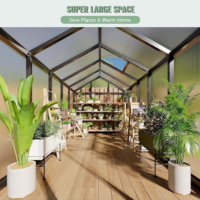 Greenhouse, 6x10 Ft Outdoor Greenhouses with Roof Vents and Sliding Doors, Aluminum Frame Polycarbonate Accessible Greenhouses, Suitable for Outdoor Gardens and Backyards, Black