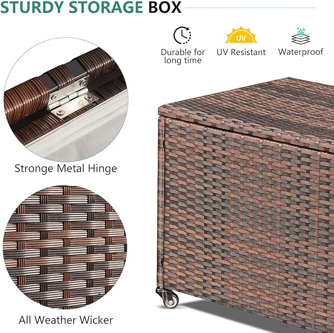 AVAWING 70 Gallon Wicker Deck Box, Outdoor Storage Container with 2 Universal Wheels & Hinged Lid, Patio Rattan Furniture for Garden Tools, Pillows, Pool, Brown