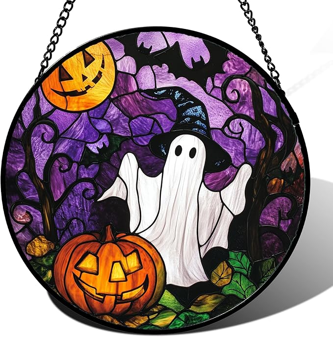 Stained Glass Window Hanging Halloween White Ghost Black Bat 9.8" - Suncatcher Door Garden Sunroom Horror Pumpkin Sun Catcher Birthday for Friend Mom Men Woman Nana