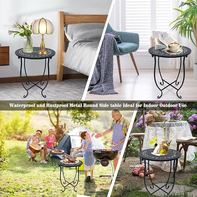 Indoor Outdoor Small Metal Round Side Table, 14 Inch Patio Coffee Bistro Table, Weather Resistant Black Metal Side Table for Patio Balcony Yard Porch Garden, Plant Stand for Indoor Outdoor Use