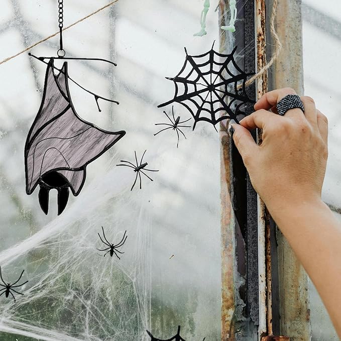 Stained Glass Bat Decor Window Hangings Ornament, Gothic Bat Suncatcher Halloween Decorations Gifts, Handmade Occult Sun Catchers Indoor Window Home Decor