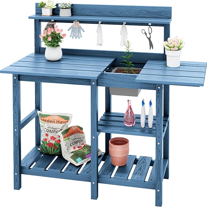 SERWALL Potting Table Outdoor Potting Bench with Sink, HDPE Potting Benches for Outside All Weather Use- Blue