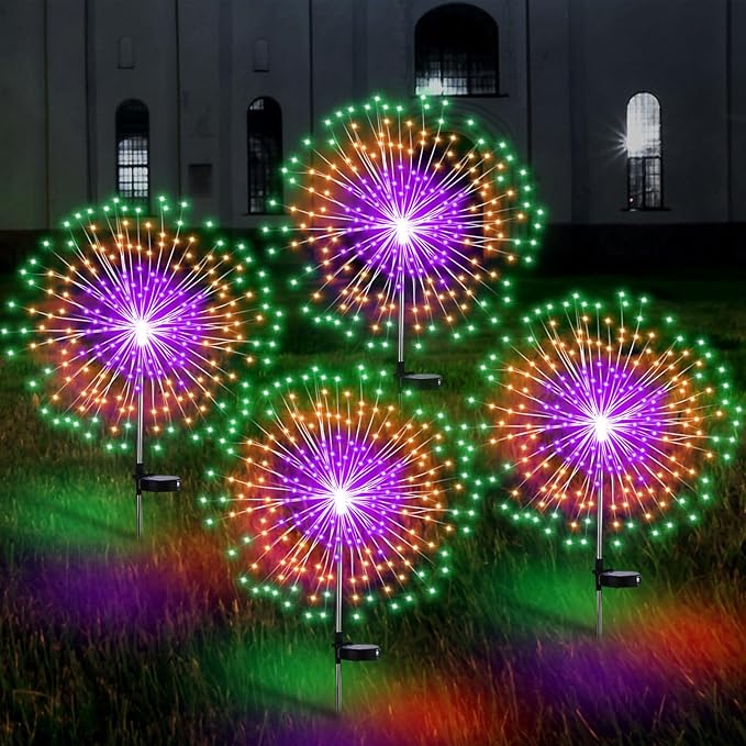 Halloween Decorations Outdoor 4 Pack Colored Solar Firework Lights with 180 LED Halloween Solar Lights 8 Modes Green Orange Purple Outside Lights for Yard Pathway Patio Garden Party Decorations