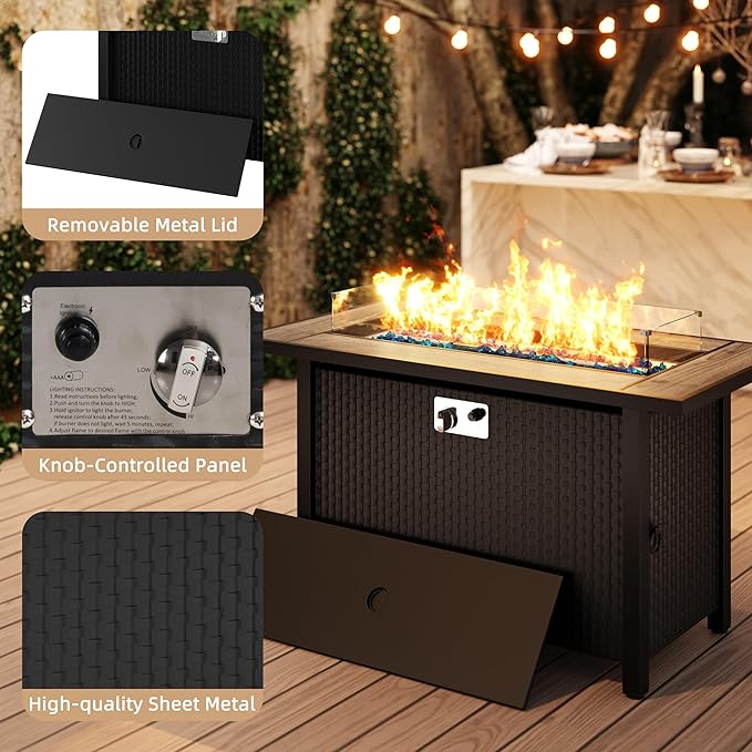 JAMFLY Propane Fire Pit Table 45 Inch, 50,000 BTU Outdoor Gas Firepit Table for Outside Patio with Glass Wind Guard, Blue Glass Rocks,Waterproof Cover, Gray