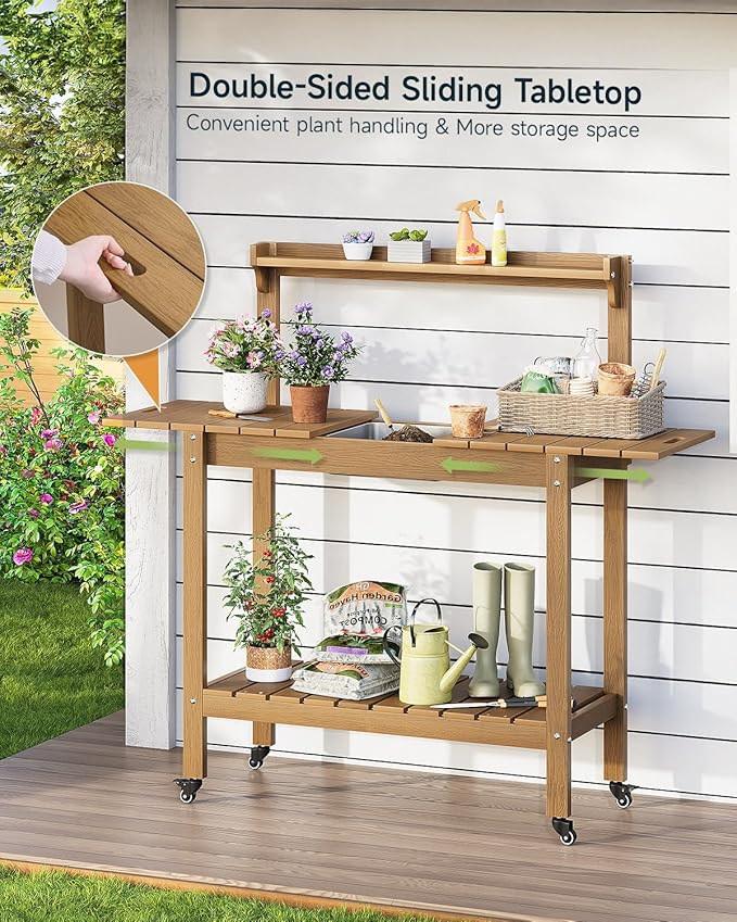 HDPS Outdoor Potting Bench with Sliding Tabletop/ 4 Wheels/Removable Sink, All-Weather Outside Garden Work Table, No Rust/Fade/Break, Potting Station for Porch, Patio & Backyard (Teak)
