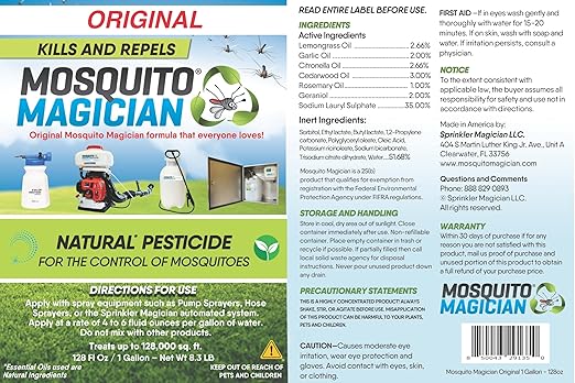 Mosquito Magician 1 Gallon Liquid Concentrate with a 2 Gallon Pump Up Sprayer - User-Friendly - Ideal for Yards, Lawns, Patios - Kills Mosquitoes, Fleas, Fire Ants - Includes 6 Natural Essential Oils