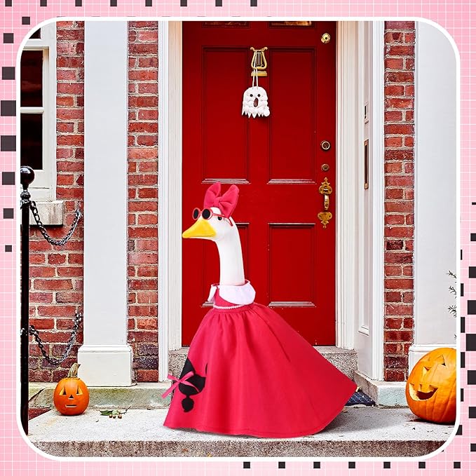 Outus Halloween Poodle Goose Outfits Funny 50s Poodle Skirt for Porch Goose Hot Pink 23 Inch Holiday Geese Cloth for Halloween Vintage 1950s Party Yard Garden Outdoor Decor