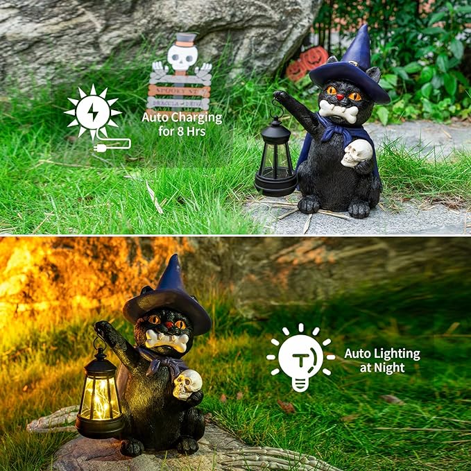 Halloween Black Cat Decor Spooky Solar Cat Garden Statues Holding Skull with LED Lantern Halloween Outdoor Decorations for Porch Patio Yard Lawn Holiday Gardening Gifts for Women