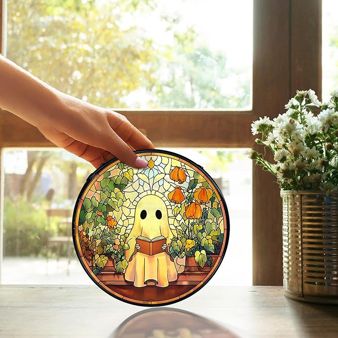 TNUW Halloween Ghost Reading Book Stained Glass Window Hanging, Ghost Bookish Flower Sun Catchers Indoor Window Glass Round Wall Art Decor, Book Lovers Gifts Wall Hanging Decorations, 7.9＂x7.9＂