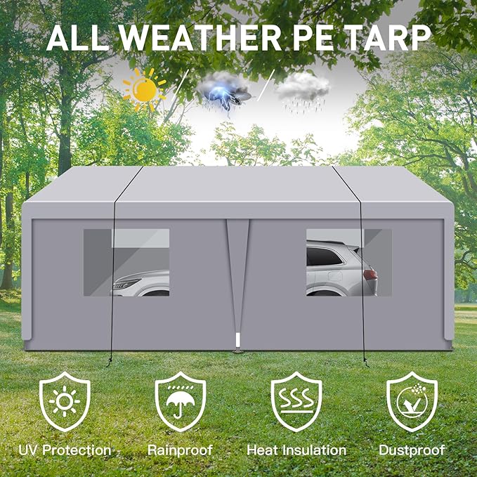 10x20 ft Heavy Duty Carport Canopy with Transparent Windows,Removable Doors Portable Garage with Metal Frame, Car Canopy with Waterproof & UV-Resistant for Car, Truck, Boat