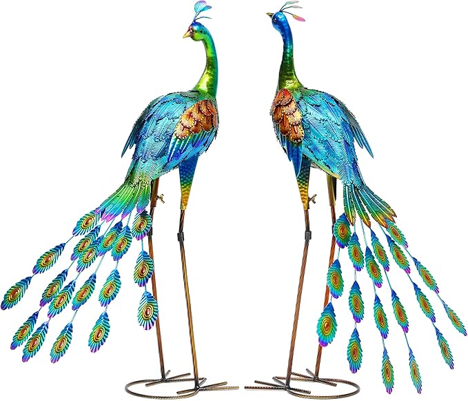 32" Metal Peacock Yard Decor - Handmade Oversize Peacock Sculptures with Stable Ground Stakes, Backyard Decoration, Metal Garden Art.