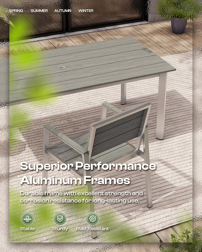 67" Rectangle HDPS Patio Dining Table, Aluminum Outdoor Patio Dining Table with Umbrella Hole, Weather-Resistant for Lawn, Garden, Yard, Poolside and Indoor Use, Silver & Gray