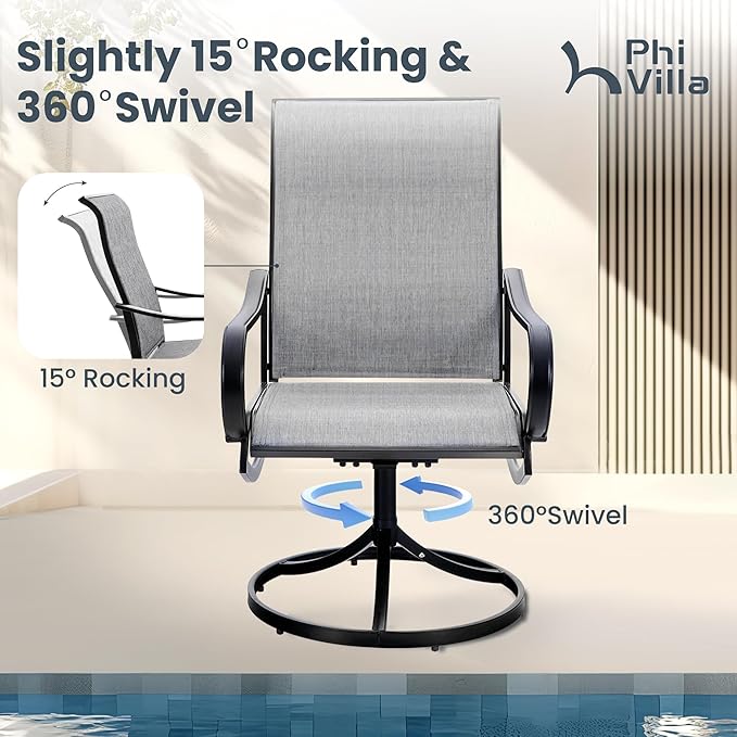 PHI VILLA 5 PCS Patio Dining Set with Outdoor Swivel Dining Chairs (Gray) and 37"x 37" Metal Steel Dining Table, All Weather Patio Dining Furniture Set for Poolside Deck Lawn Garden