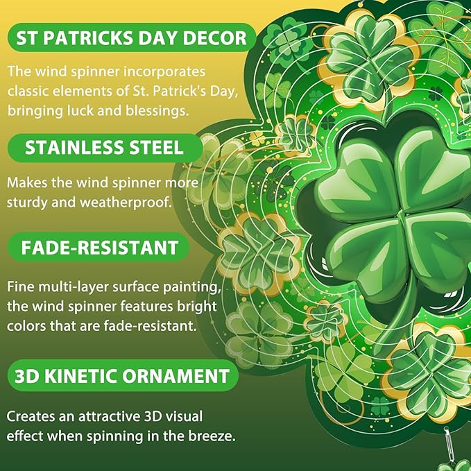 St. Patrick's Day Wind Spinner, St Patricks Day Decorations Gifts for Women, 3D Shamrock Hanging Wind Spinners for Outdoor & Indoor Decor, 12 Inch Metal Wind Spinner for Garden Yard Home Ornament