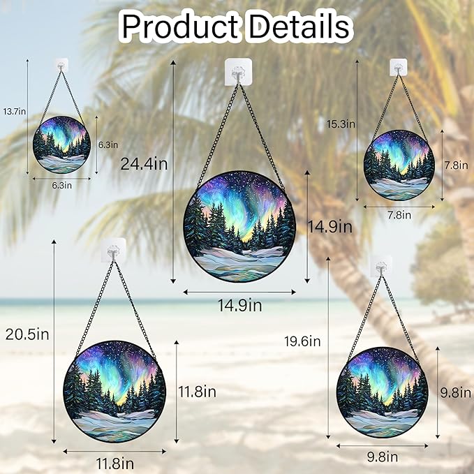 Stained Glass Window Hanging, Aurora Landscape Sun Catchers Glass Panel Green Trees Suncatcher Decor for Birthday for Women, Men, Wife, Aunt, and Mom 14.9x14.9 in